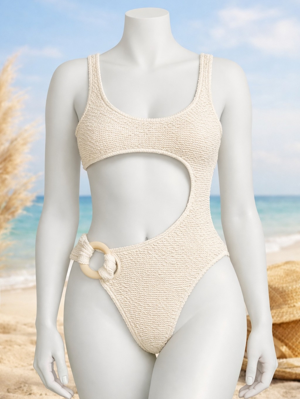 Strawberry Milk Mob Cream Textured Cutout One-Piece Swimsuit